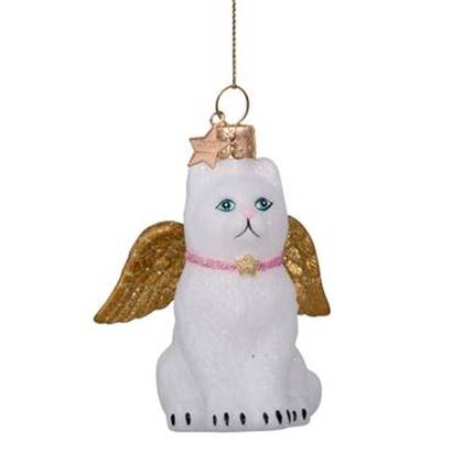 Ornament glass white cat w/gold wings H8cm