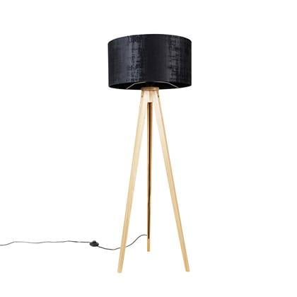 QAZQA Vloerlamp hout met stoffen kap zwart 50 cm - Tripod Classic