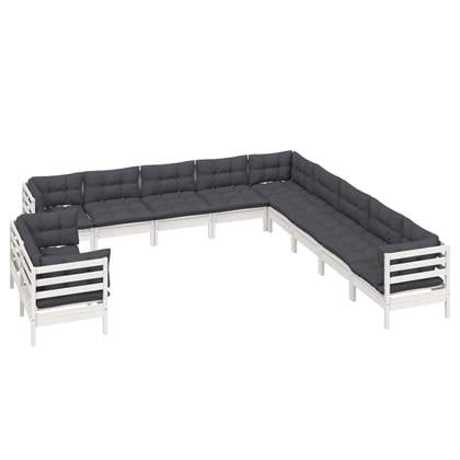 vidaXL 11-delige Loungeset met kussens massief grenenhout wit