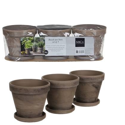 Mica Decorations stan pot met schotel rond grijs 3 stuks maat in cm: 40 x 13 x 12