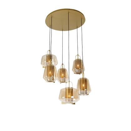 QAZQA Art deco hanglamp goud met amber glas 6-lichts - Kevin