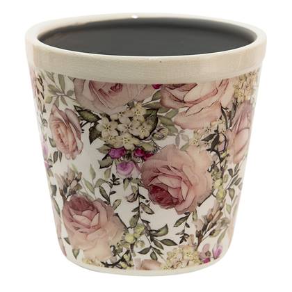 Clayre & Eef Bloempot Ø 15x14 cm Wit Roze Keramiek Rond Bloemen