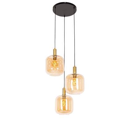 QAZQA Design hanglamp zwart met messing en amber glas 3-lichts -