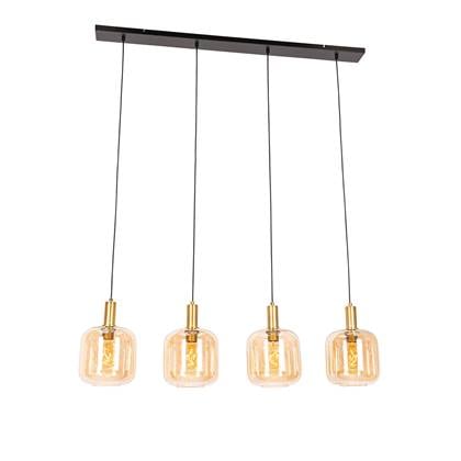 QAZQA Design hanglamp zwart met messing en amber glas 4-lichts -