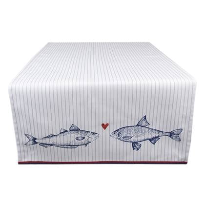 Clayre & Eef Tafelloper 50x140 cm Wit Blauw Katoen Vissen
