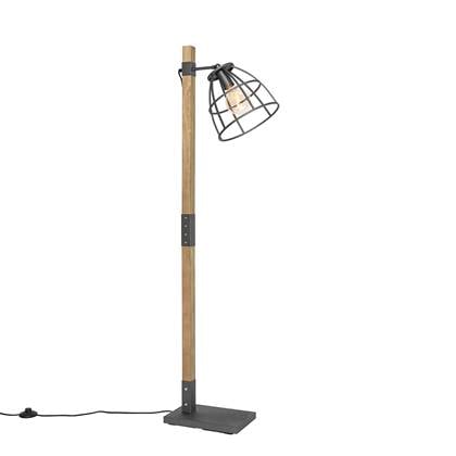 QAZQA Industriële vloerlamp donkergrijs met hout - Arthur