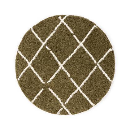Boho&me Rond hoogpolig vloerkleed ruiten Artisan - olijfgroen|wit - Groen, Wit