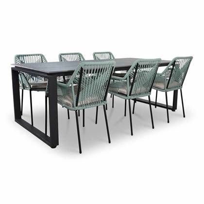 LUX outdoor living Helsinki Grey/Seville mint dining tuinset 7-delig | polywood + touw | 210cm | 6 personen