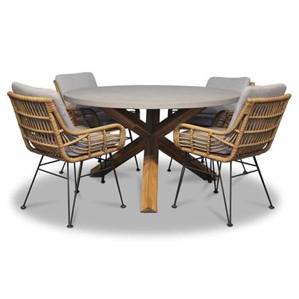 BUITEN living Nancy/Carlos taupe dining tuinset 5-delig | betonlook & wicker + wicker | 135cm | 4 personen