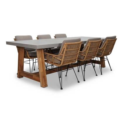 BUITEN living Veltis/Carlos taupe dining tuinset 7-delig | betonlook & wicker + hardhout | 250cm | 6 personen