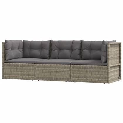 vidaXL 3-delige Loungeset met kussens poly rattan grijs