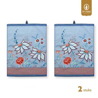 Pip Studio Flower Festival Theedoeken - Keukendoek - Blauw en Blauw-Rood - Set van 2 - 50x70cm