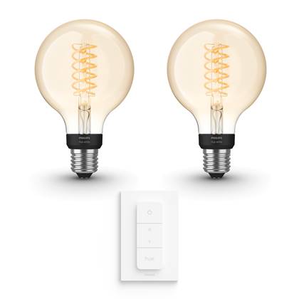 Philips Hue Uitbreidingspakket – White – Filament Globe klein – E27 – 2 lampen incl dimmer switch