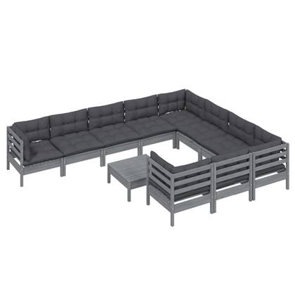 vidaXL 11-delige Loungeset met kussens grenenhout grijs