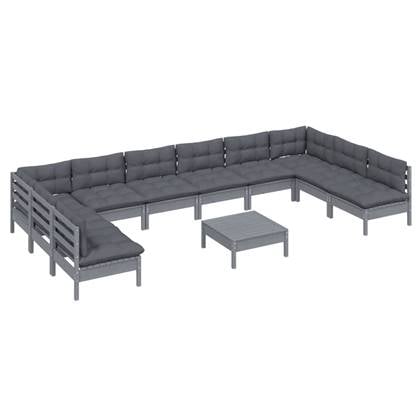 vidaXL 11-delige Loungeset met kussens massief grenenhout grijs