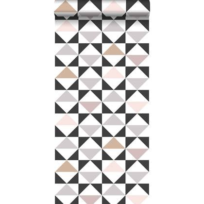 ESTAhome behang grafische driehoeken wit, zwart, warm grijs en oudroze