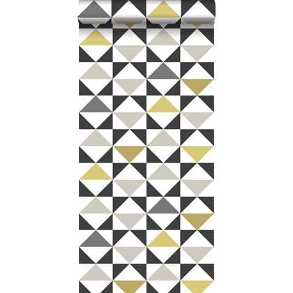 ESTAhome behang grafische driehoeken wit, zwart, grijs en okergeel
