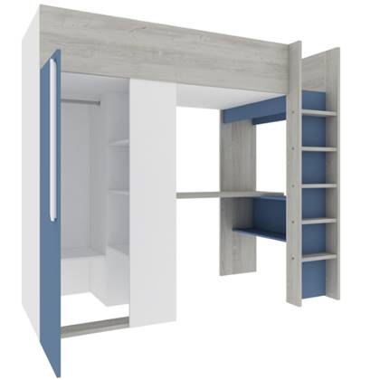 Mezzanine bed 90 x 200 cm met kleerkast en bureau - Blauw en wit - NICOLAS L 205.2 cm x H 183.1 cm x D 110 cm