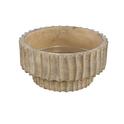 PTMD Mitty Brown cement pot wavy ribs round bowl low L