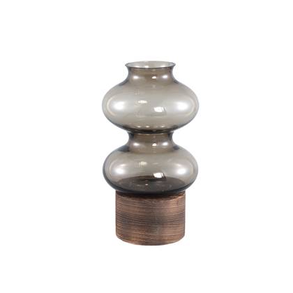 PTMD Cintia Brown glass vase bulb shape wooden base S