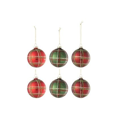 J-Line Doos Van 6 Kerstbal 2+2+2 Geruit Pailletten Rood/Groen Small