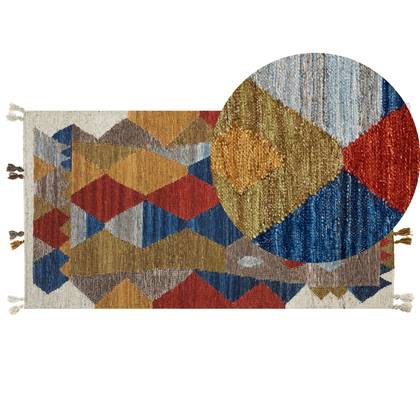 Beliani-ARZAKAN-Kelim vloerkleed-Multicolor|Blauw-80 x 150 cm-Wol