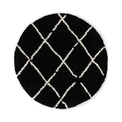 Boho&me Rond hoogpolig vloerkleed ruiten Artisan - zwart| - 200 cm Wit