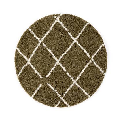 Boho&me Rond hoogpolig vloerkleed ruiten Habitat - olijfgroen|wit - Groen, Wit