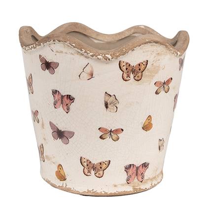 Clayre & Eef Bloempot Binnen Ø 16x15 cm Beige Roze Keramiek Vlinders