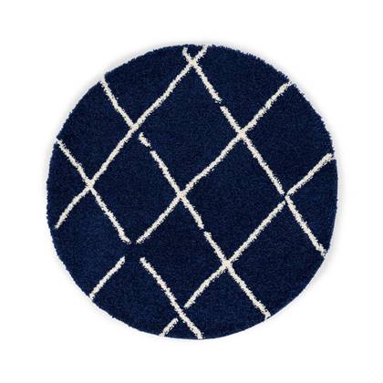 Boho&me Rond hoogpolig vloerkleed ruiten Artisan - marineblauw|wit - Blauw, Wit
