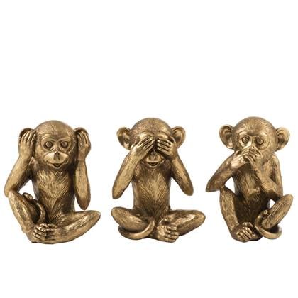 J-Line figuur Aap Horen|Zien|Zwijgen- polyresin - antiek - 3 stuks Goud