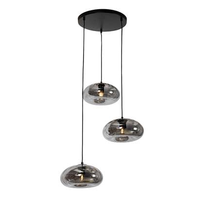QAZQA Art Deco hanglamp zwart met smoke glas rond 3-lichts - Ayesha