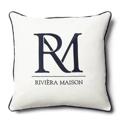 Riviera Maison Kussenhoes wit met blauw tekst 50x50 RM Monogram
