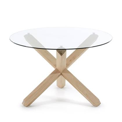 Kave Home - Lotus ronde glazen tafel met massief eiken poten Ø 120 cm