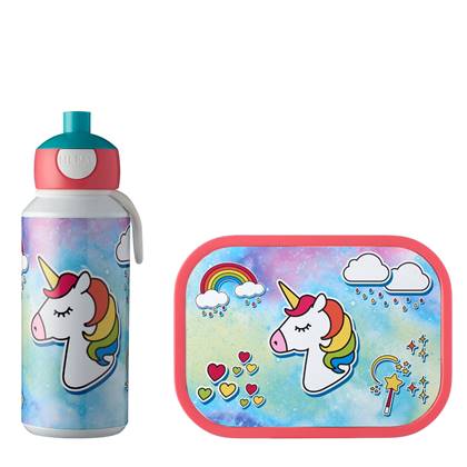Lunchset Campus (pop-up drinkfles en lunchbox) - Unicorn Wit