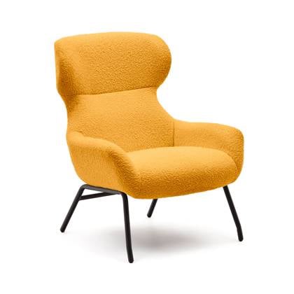 Kave Home - Belina-fauteuil van mosterkleurige schapenvacht en zwarte