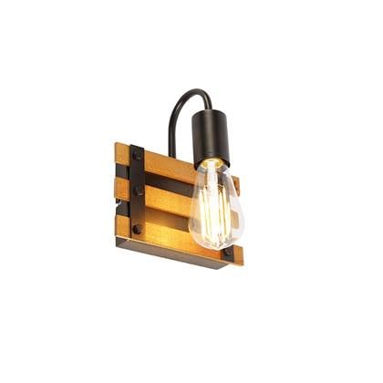 QAZQA Industriële wandlamp zwart met hout - Paleta Mai Bruin
