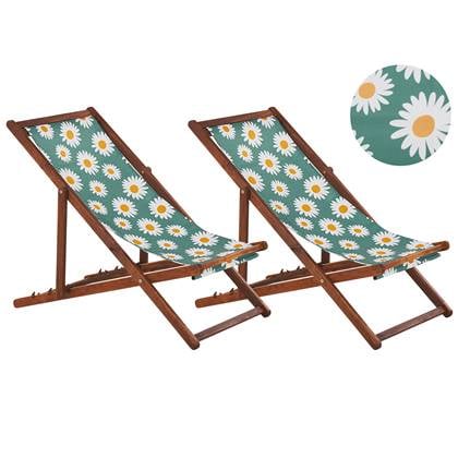 Beliani-ANZIO -Strandstoel set van 2-Donkerhout|Bloemen-Polyester Groen