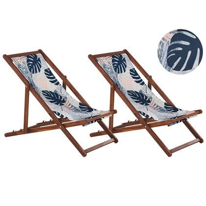 Beliani-ANZIO -Strandstoel set van 2-Donkerhout|Palm|Blauw-Polyester