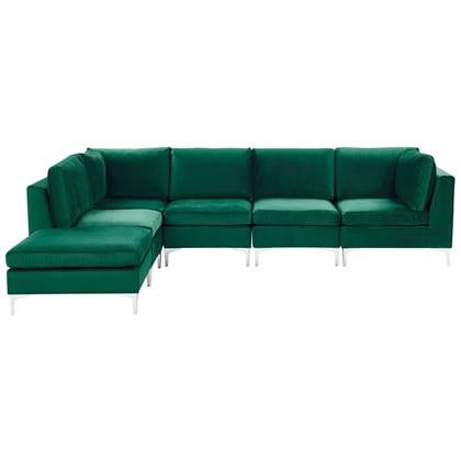 Beliani-EVJA-Hoekbank met hocker 5 zits-Groen-Rechts-300 cm-Fluweel