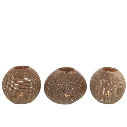 J-Line theelichthouder Kokosnoot Lijnen - jute - - 3 stuks Bruin