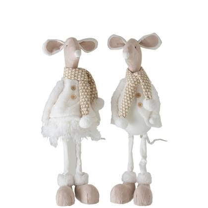 J-Line figuur Muis Staand Deco - textiel - |beige - large - 2 stuks Wit