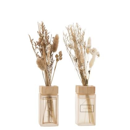 J-Line geurolie + bloemen - glas - naturel - 2 stuks Beige