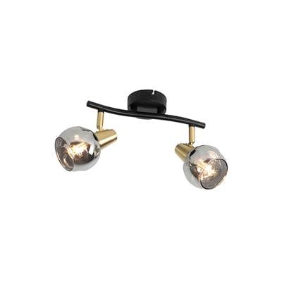 QAZQA Plafondlamp zwart met messing en glas smoke 2-lichts - Vidro Goud