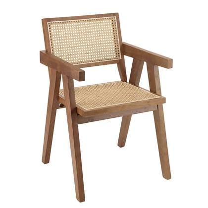 ALBANE- Fauteuil van donker Heveahout met natuurlijke rotan rugleuning en zitting