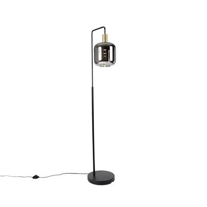 QAZQA Vloerlamp zwart met goud en smoke glas incl. PUCC - Zuzanna Grijs