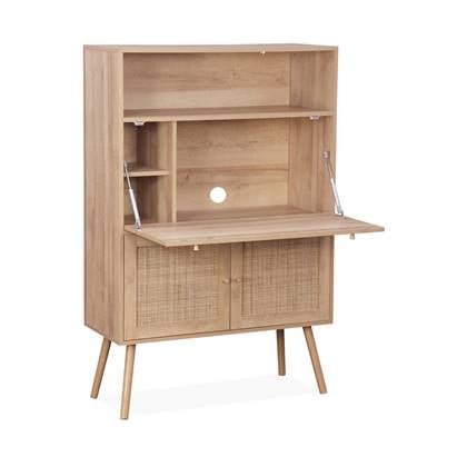 sweeek - Bureau, 2 rieten deuren, legplanken, houteffect, sparrenhouten poten