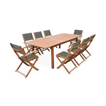 sweeek - Almeria houten tuinset, grote rechthoekige tafel 180-240cm, 2 fauteuils, 6 eucalyptus en textilene stoelen