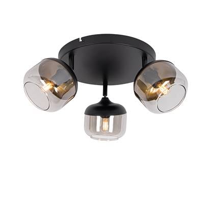 QAZQA Design spot zwart met goud en smoke glas 3-lichts rond - Kyan Grijs