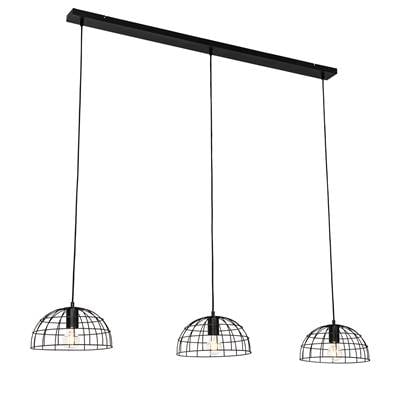 QAZQA hanze - Industriele Hanglamp eettafel voor boven de eettafel | in eetkamer - 3 lichts - L 138 cm - Zwart - Industrieel - Woonkamer | Slaapkamer | Keuken